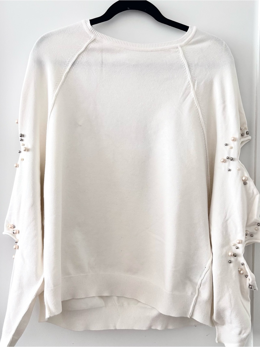 Zara Pearl-Embellished White Cut Out Sleeve Sweater Size S NWOT